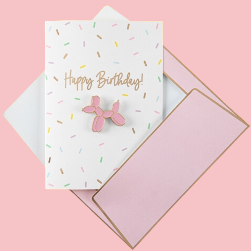 Happy Bday & Balloon Dog Pink Картичка