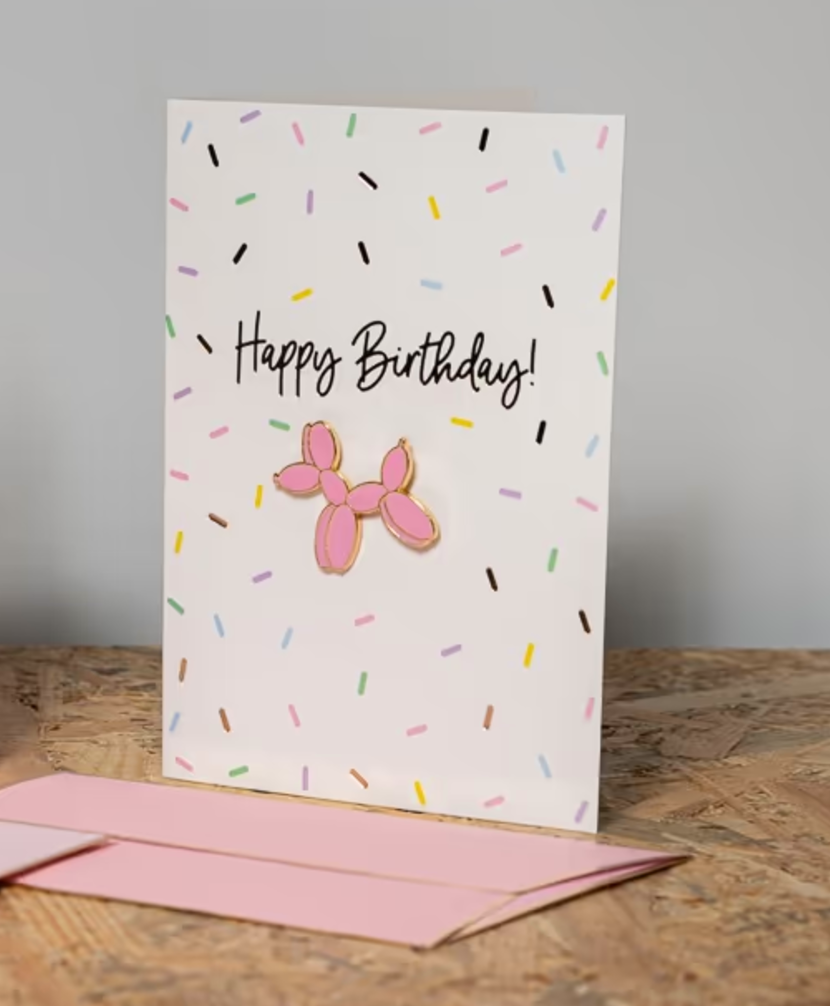 Happy Bday & Balloon Dog Pink Картичка